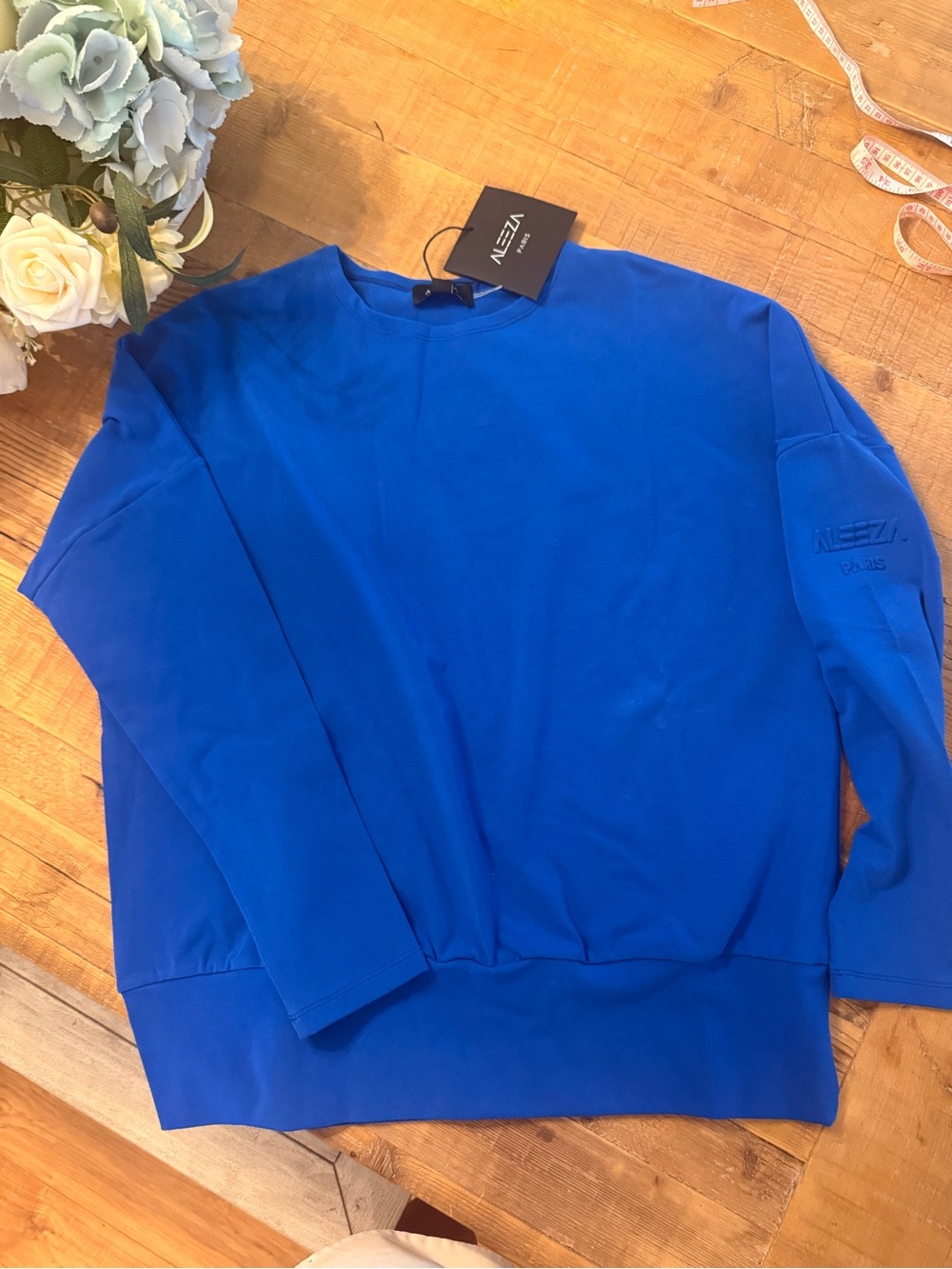Aleeza Paris Cobalt Blue Embroidered Crewneck Sweatshirt NWT